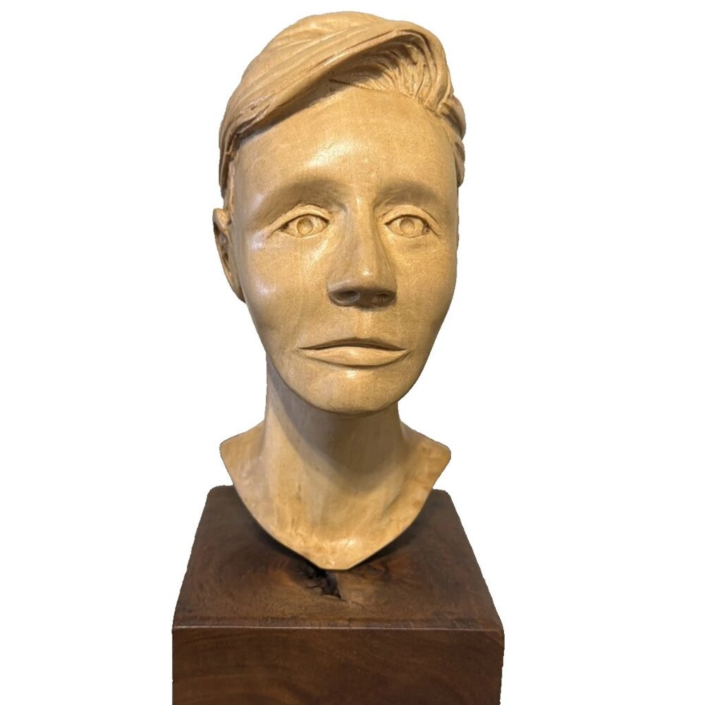 Hand Carved Wood Woman 8" Bust Sculpture Statue Mounted on Darker Wooden Base